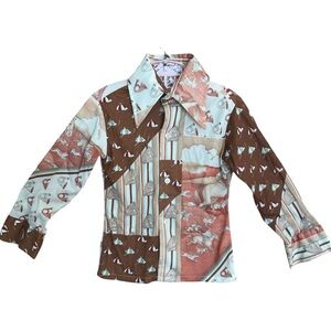 Vintage 70s Donmoor Youth Novelty Print Equestrian Patchwork Shirt Boys Vtg 5